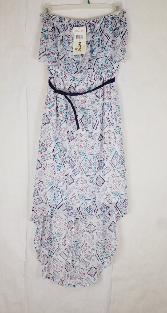 New Olsenboye white blue geometric off shoulder ruffled hi lo dress size XL Boho